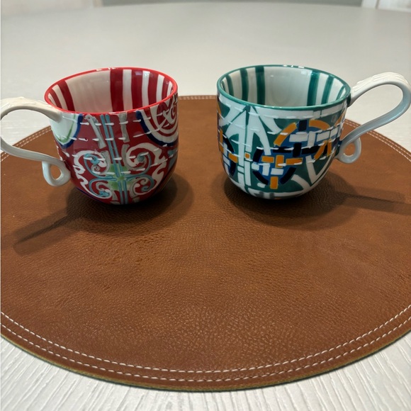 Anthropologie Kantha Stitched Ceramic Mugs Cups Tea Coffee Barista Set of 2 - Picture 9 of 14
